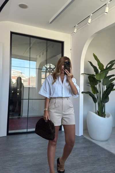 TAŞ YÜKSEK BEL KETEN ŞORT