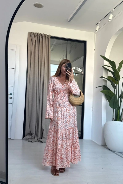 TURUNCU ÇİÇEKLİ BLUZ ETEK TAKIM