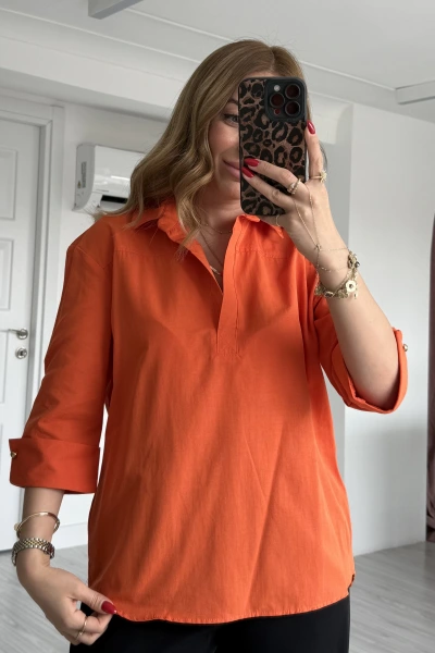 Turuncu Fakir Kol Gömlek Yaka Bluz