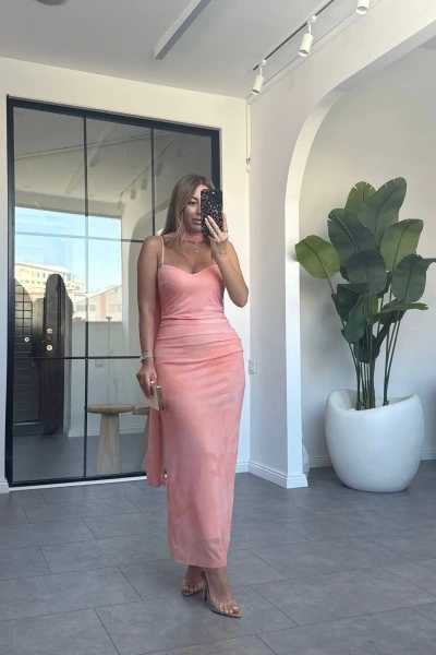 TURUNCU İP ASKILI FULAR DETAY ELBİSE