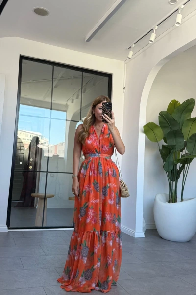 TURUNCU PENCERE DETAY ŞİFON ELBİSE