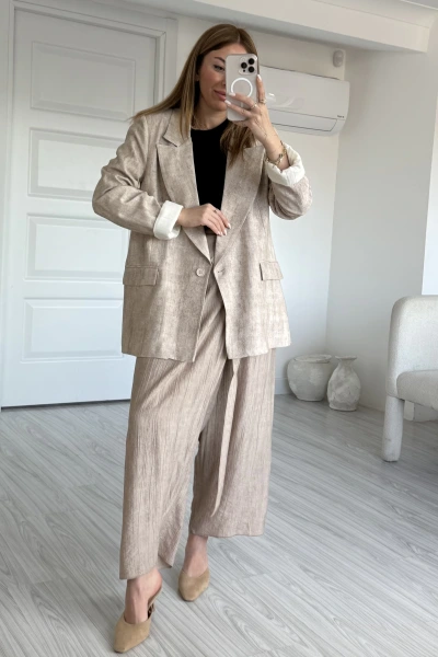 Vizon Bağlama Detaylı Ceket Pantolon Takım