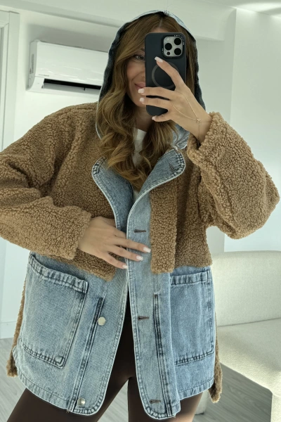 Vizon Jean Detay Kapüşonlu Oversize Peluş Ceket