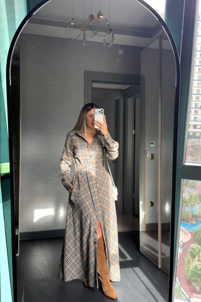 VİZON MAVİ KEMER DETAY UZUN EKOSE ELBİSE