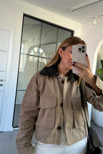 VİZON YAKASI DERİLİ GABARDİN CEKET