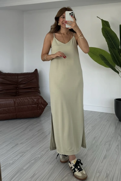 Yağ Yeşili İki Yan Yırtmaçlı Modal Elbise