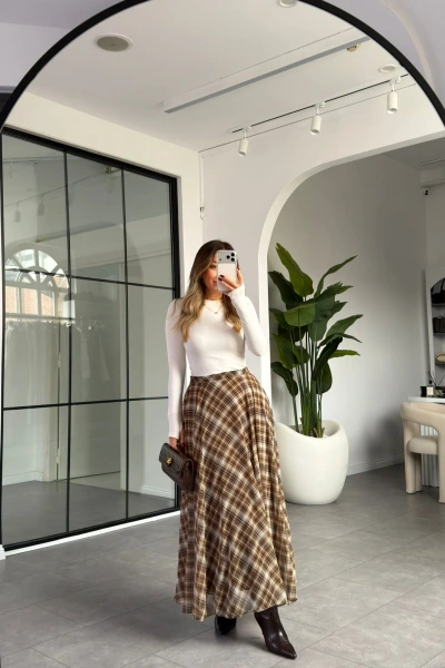 YEŞİL BEJ EKOSE DESEN ŞİFON ETEK