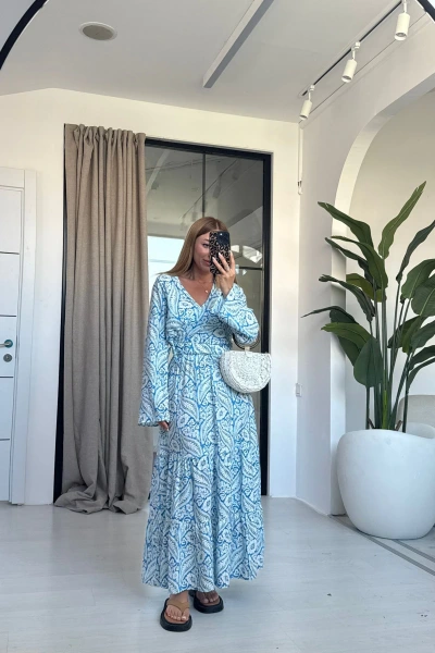 MAVİ ÇİÇEKLİ BLUZ ETEK TAKIM