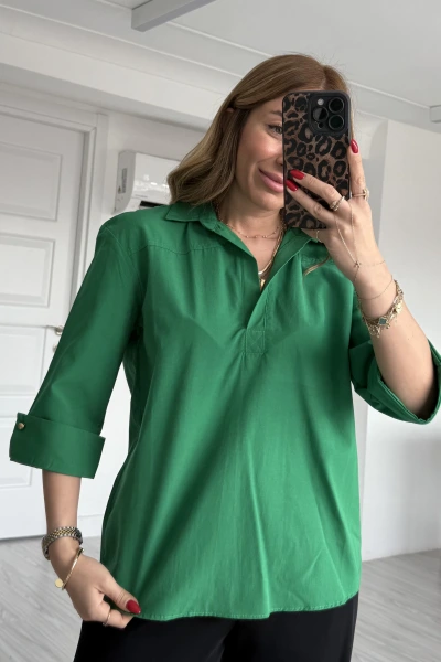 Yeşil Fakir Kol Gömlek Yaka Bluz