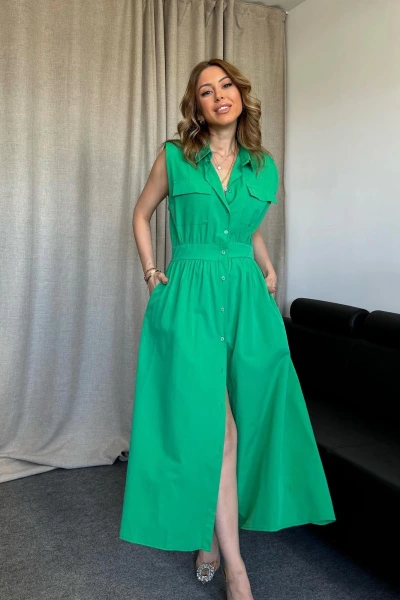Yeşil Omuz Vatkalı Poplin Elbise