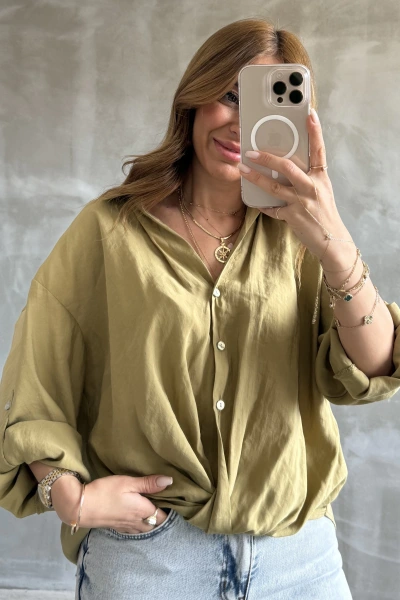 Yeşil Önü Düğüm Detay Düşük Omuz Gömlek