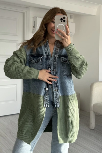 Yeşil Triko Detay Çift Cepli Oversize Jean Ceket