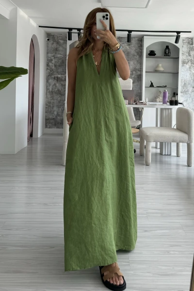 Yeşil Yaka Detay Keten Elbise