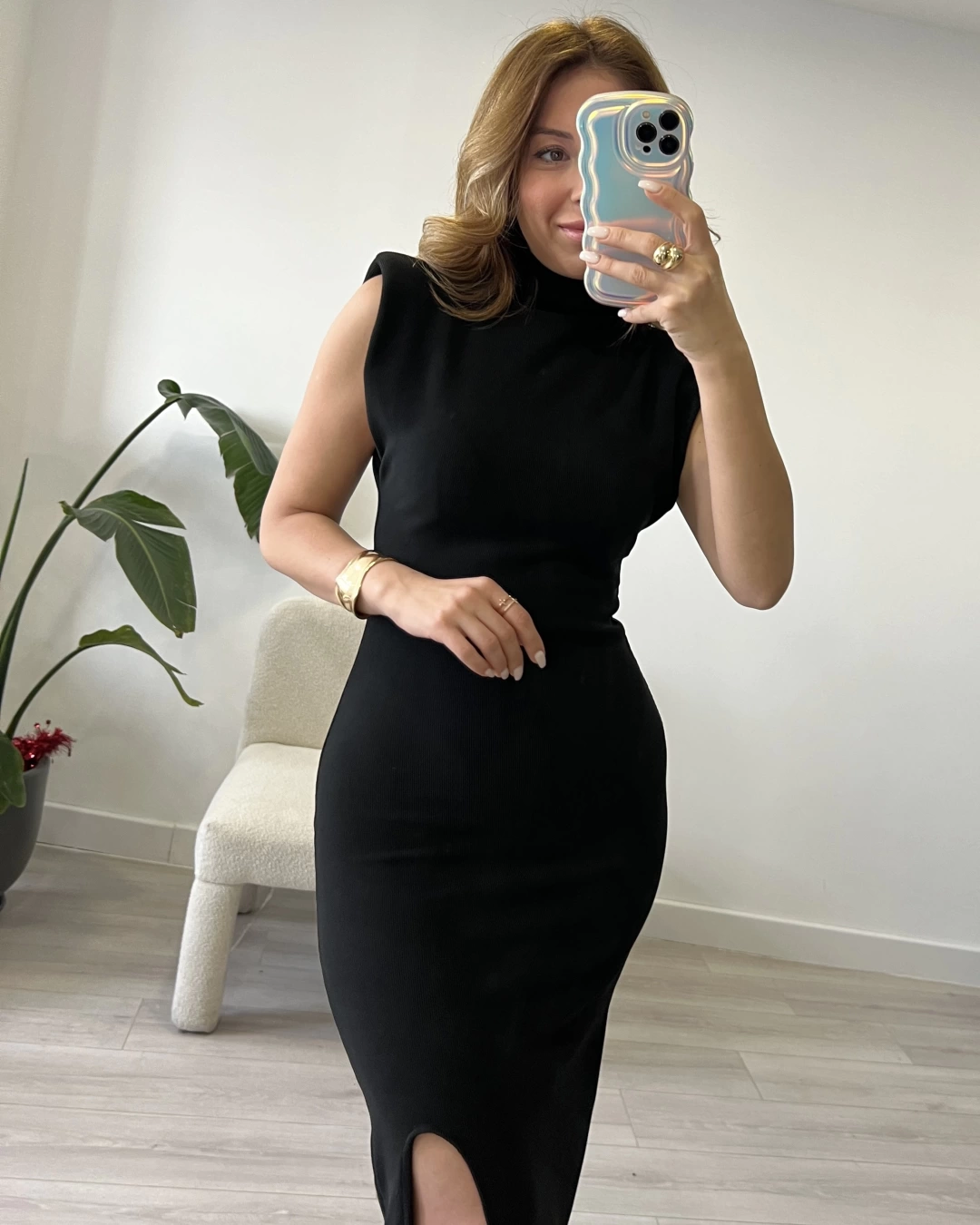 Siyah Omuz Vatkalı Ottoman Kumaş Elbise