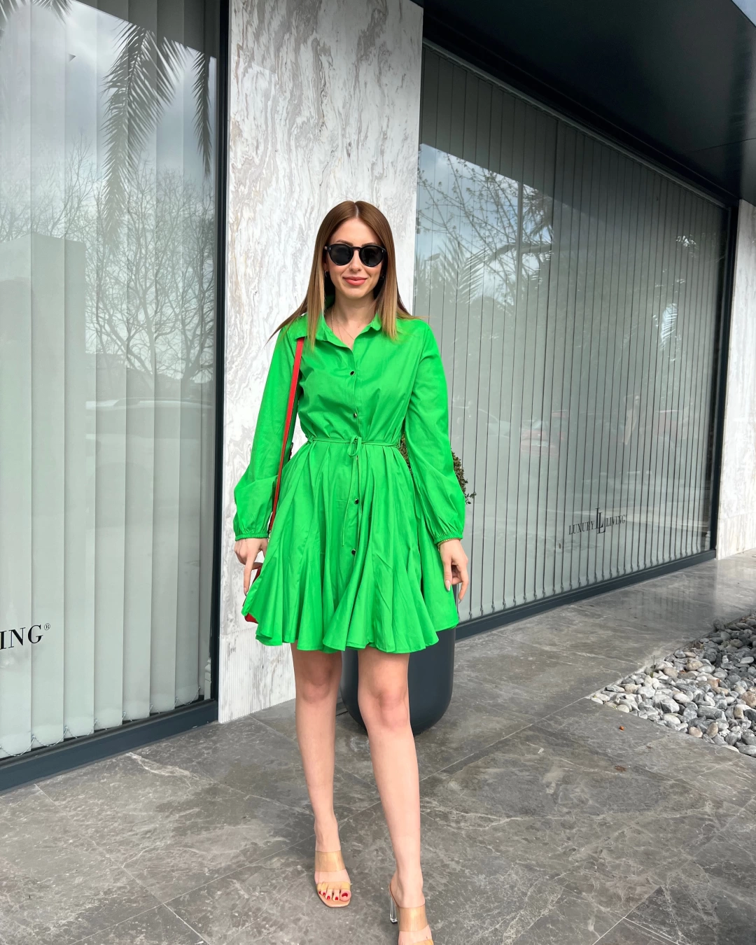 Yeşil Etek Ucu Volanlı İp Kemerli Elbise
