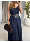 LACİVERT ASKILI DENİM ELBİSE