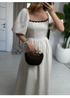 BEJ SIRT BAĞLAMALI BALON KOL KETEN ELBİSE