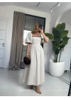 BEJ SIRT BAĞLAMALI BALON KOL KETEN ELBİSE