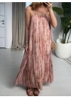 SOMON KAHVE KARIŞIK DESEN ŞİFON ELBİSE