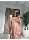 SOMON KAHVE KARIŞIK DESEN ŞİFON ELBİSE