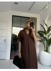 KAHVE KETEN KISA KOL V YAKA ELBİSE