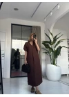 KAHVE KETEN KISA KOL V YAKA ELBİSE