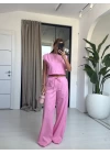 PEMBE KETEN ASİMETRİK BLUZ TAKIM