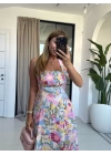 PEMBE KARIŞIK ÇİÇEK DESEN ELBİSE