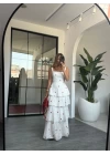 KIRMIZI ÇİÇEKLİ KAT KAT ARKASI BAĞLAMALI ELBİSE