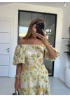 SARI DESENLİ BALON KOL ELBİSE