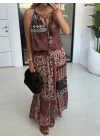 KAHVE ETNİK DESEN ELBİSE