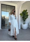 BEYAZ BELİ BÜZGÜLÜ FİSTO ELBİSE