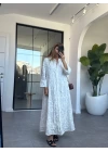 BEYAZ BELİ BÜZGÜLÜ FİSTO ELBİSE