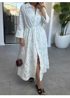 BEYAZ BELİ BÜZGÜLÜ FİSTO ELBİSE