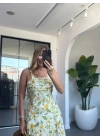 SARI ÇİÇEKLİ OMUZDAN BAĞLAMALI ELBİSE