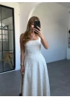 EKRU KALIN ASKILI MİNİK NAKIŞ DETAYLI MİDİ ELBİSE