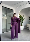 MOR ŞAL DETAYLI KEMERLİ GÖMLEK TAKIM