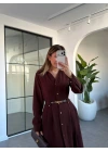 KAHVE GOLD DÜĞMELİ KEMERLİ ELBİSE