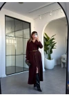 KAHVE GOLD DÜĞMELİ KEMERLİ ELBİSE