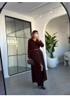 KAHVE GOLD DÜĞMELİ KEMERLİ ELBİSE