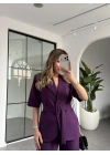 MOR KISA KOL CEKET KEMERLİ PANTOLON TAKIM
