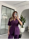 MOR KISA KOL CEKET KEMERLİ PANTOLON TAKIM