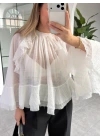 BEYAZ VOLANLI BOYUNDAN BAĞLAMALI BLUZ