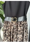 SİYAH KEMER DETAY LEOPAR DESEN ELBİSE