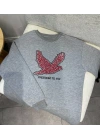 Gri Kuş Baskılı Şardonlu Sweatshirt