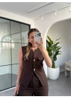 KAHVE GOLD DÜĞMELİ CEP KAPAKLI YELEK PANTOLON TAKIM