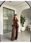 KAHVE ASİMETRİK YAKA GOLD DÜĞMELİ YELEK PANTOLON TAKIM