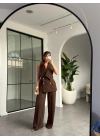 KAHVE ASİMETRİK YAKA GOLD DÜĞMELİ YELEK PANTOLON TAKIM