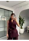 BORDO ASİMETRİK YAKA GOLD DÜĞMELİ YELEK PANTOLON TAKIM