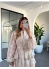 BEJ ÇİÇEK DESENLİ FIRFIRLI ELBİSE 9702